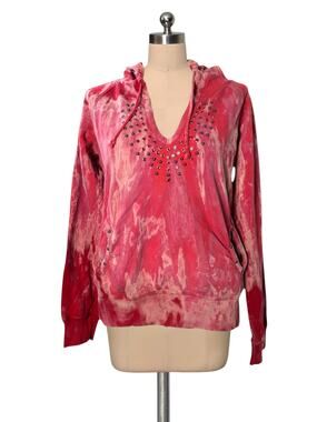 Y2K 90's Vintage PRETTY PUNK LA Marbled Red Hoody Sweatshirt Rhinestones Studs L
